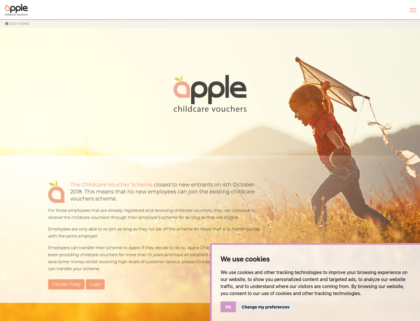 Apple Childcare Vouchers homepage showing scheme information and login/register journeys.