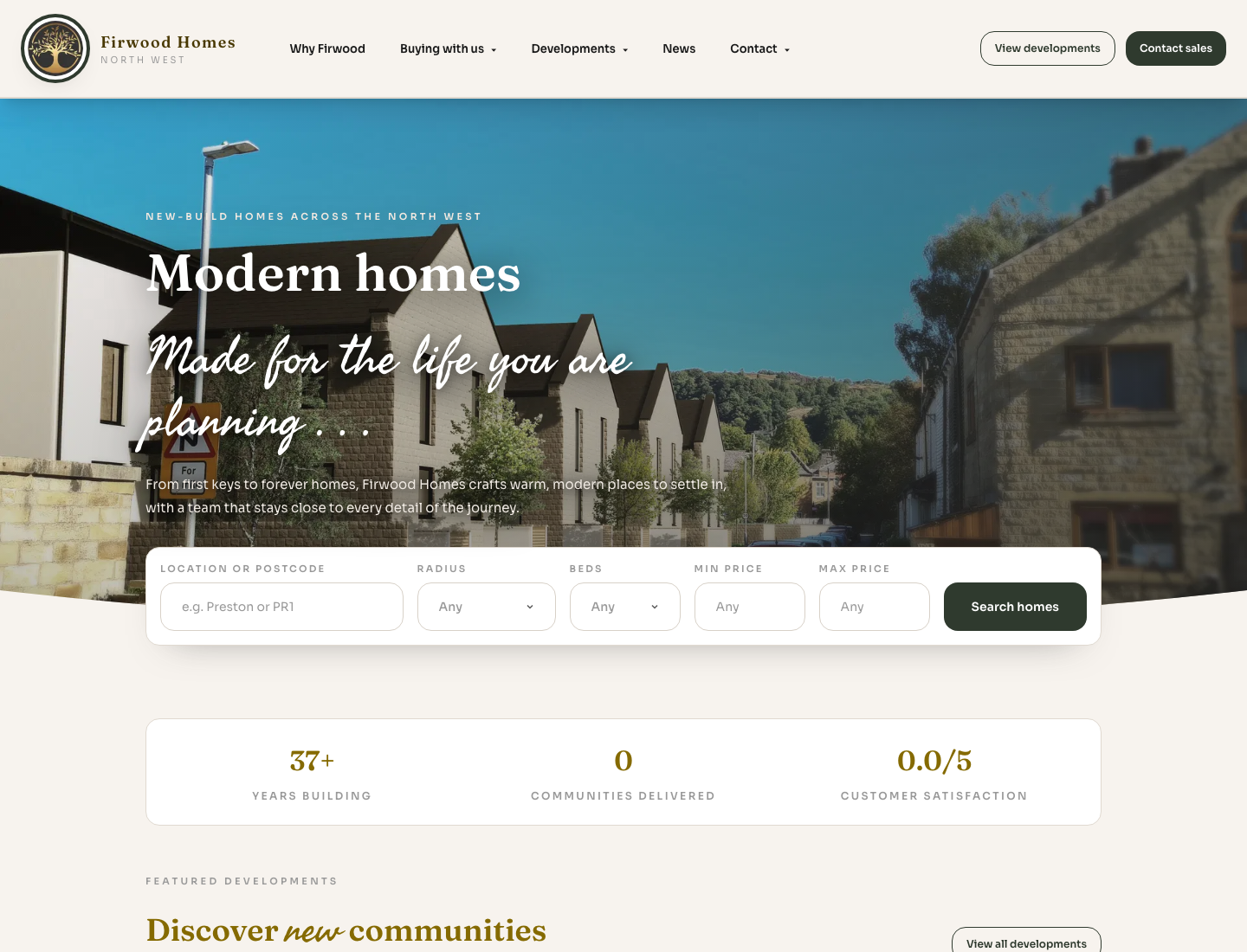 Firwood Homes property marketing homepage showing new-build developments and search controls.
